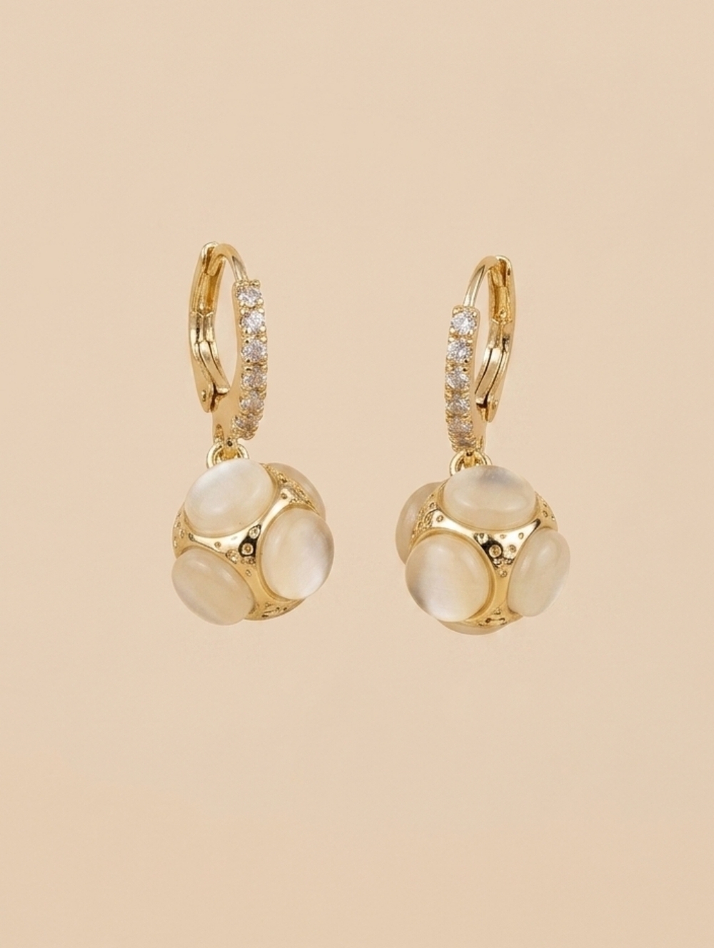 Gold CZ & Moonstone Beaded Hoop Earrings